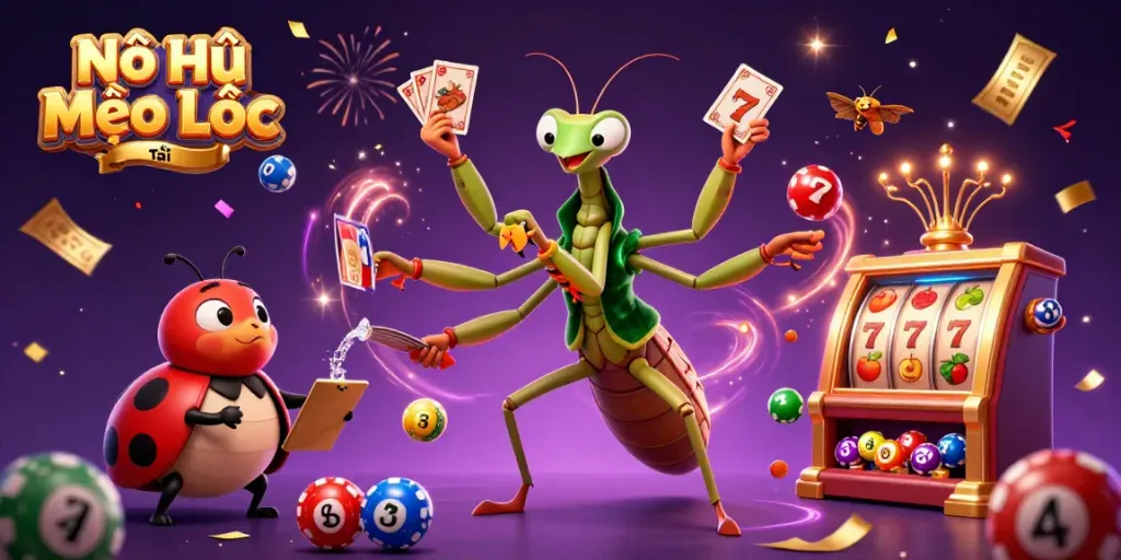 Nổ Hũ Mèo Tài Lộc slot game illustration featuring vibrant characters and dynamic gameplay elements.