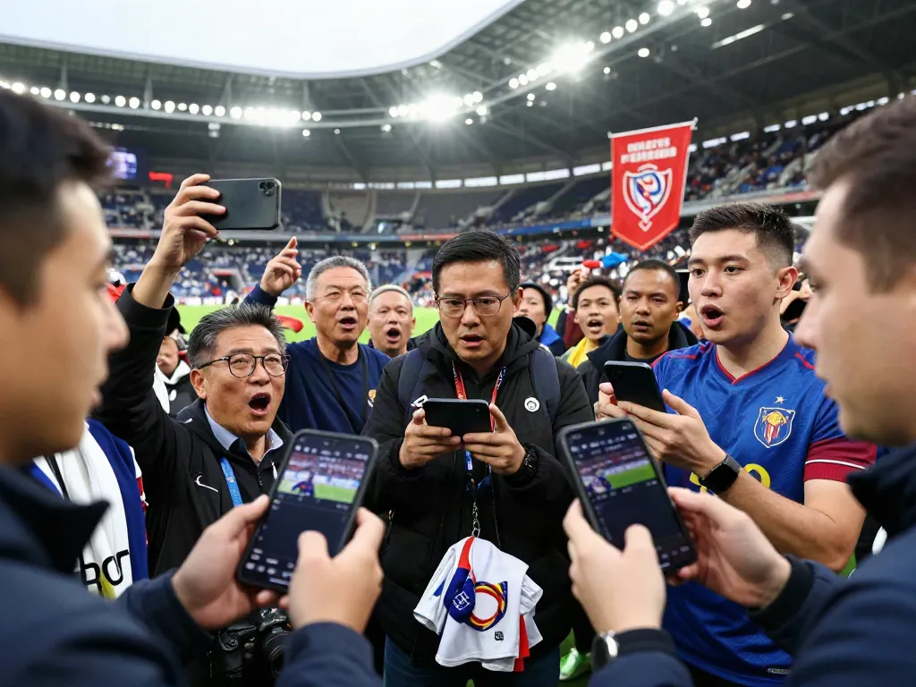 Dynamic transfer market scene showcasing ข่าวตลาดซื้อขายนักเตะ excitement with fans and journalists engaging.