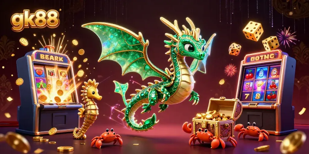 Win big with gk88 at a vibrant digital casino featuring dragons, slot machines, and treasures.