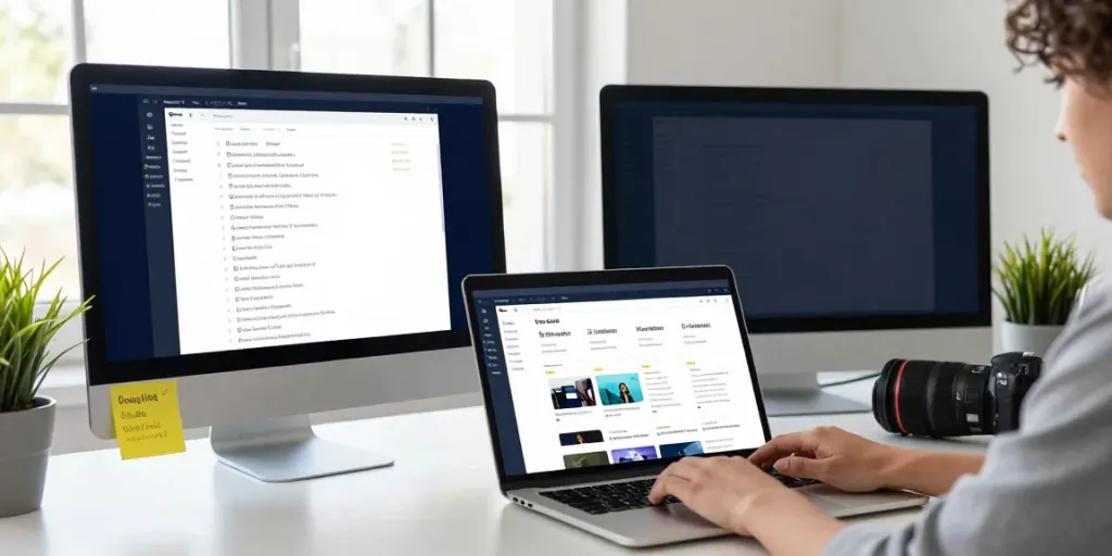 Digital workspace displaying 사이트모음 links on laptop and dual monitors.