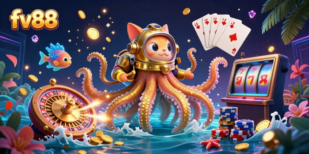 Experience thrilling gameplay with FV88 in an adventurous underwater scene featuring a golden kraken.