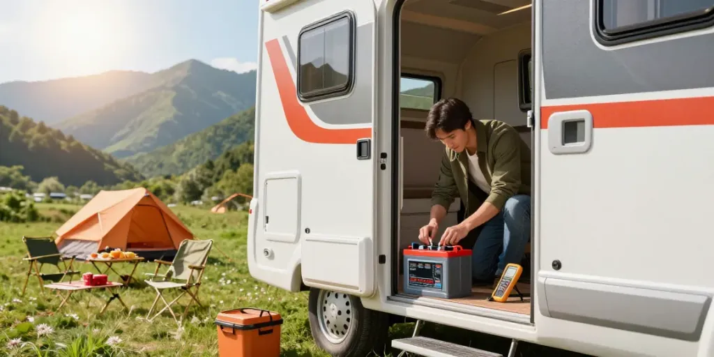 RV owner installing a 12V battery in a scenic campsite.