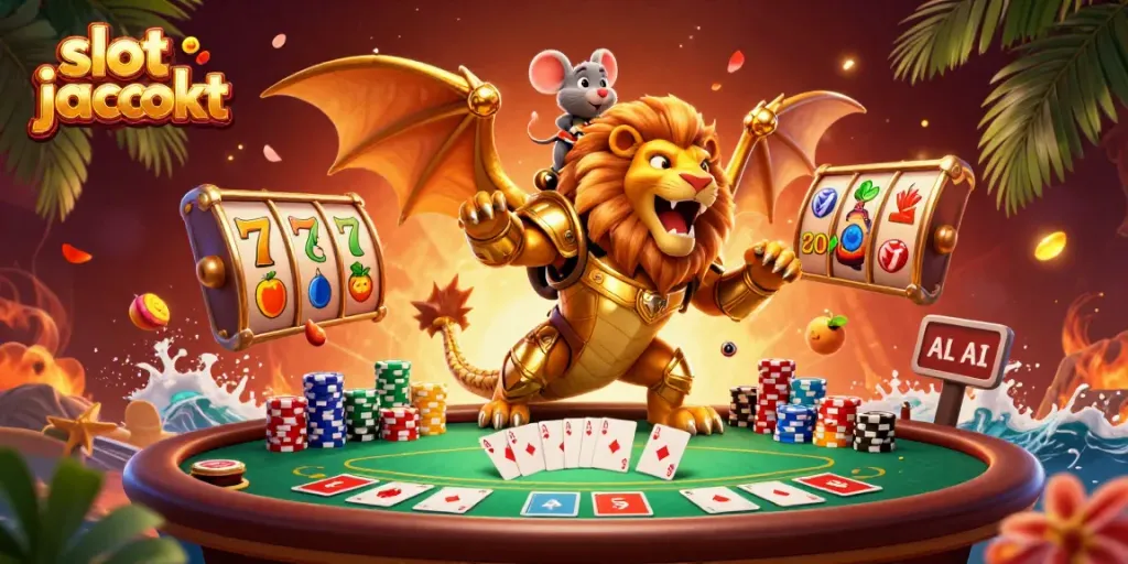 Experience the thrill of jackpot slots in action with a roaring chimera and vibrant casino elements!