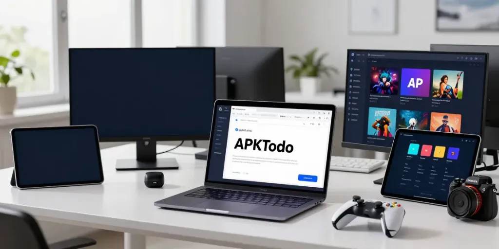 Developer using APKTodo for APK downloads in a vibrant workspace