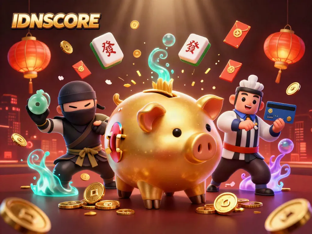 Experience the excitement of betting with IDNSCORE, where a golden piggy bank wrestler unveils treasures of luck.