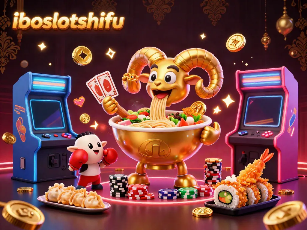 Engage with iboslotshifu in a vibrant gaming world featuring a giant ramen bowl character and colorful 3D gaming elements.