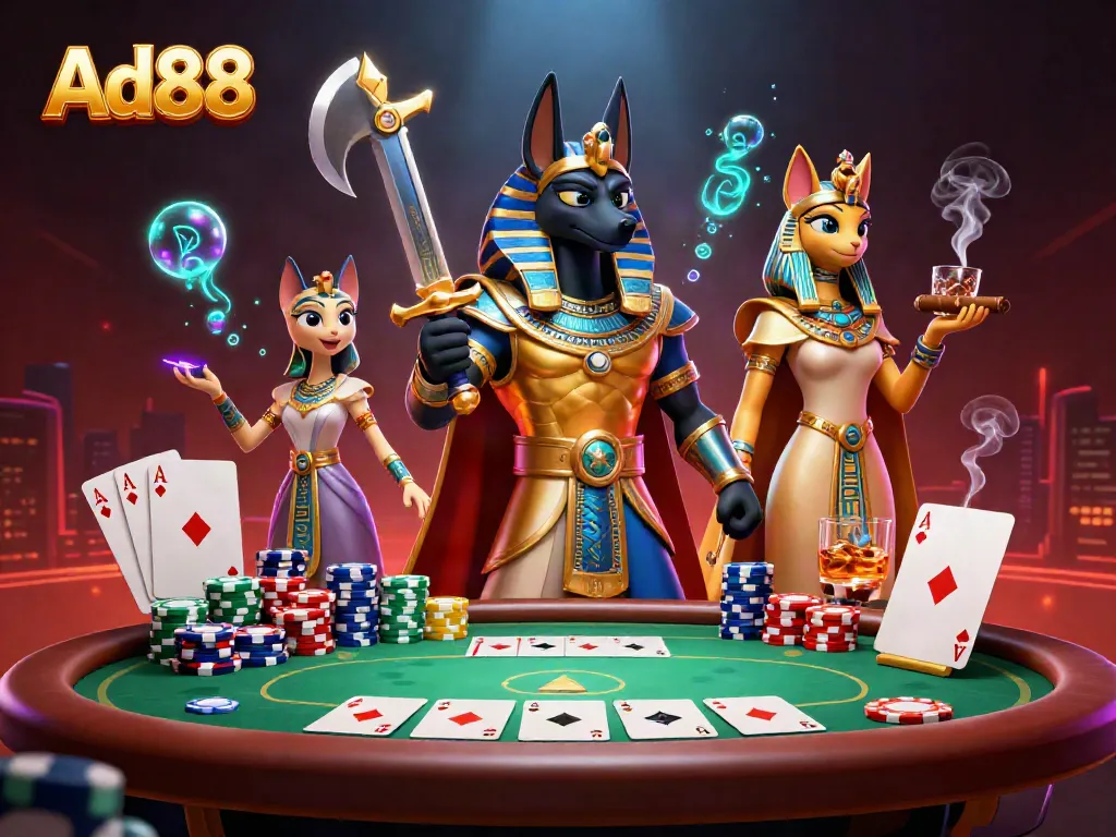 Experience the thrill of Ad88 with vibrant characters and engaging poker elements in a dynamic casino scene.
