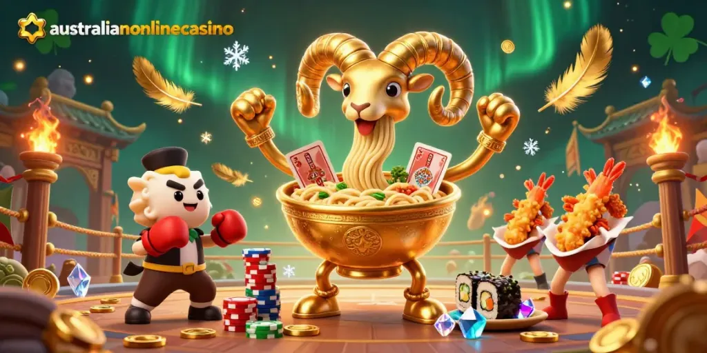 A spectacular scene from australianonlinecasino showcasing dynamic characters like a ramen bowl dealing cards amidst casino elements.
