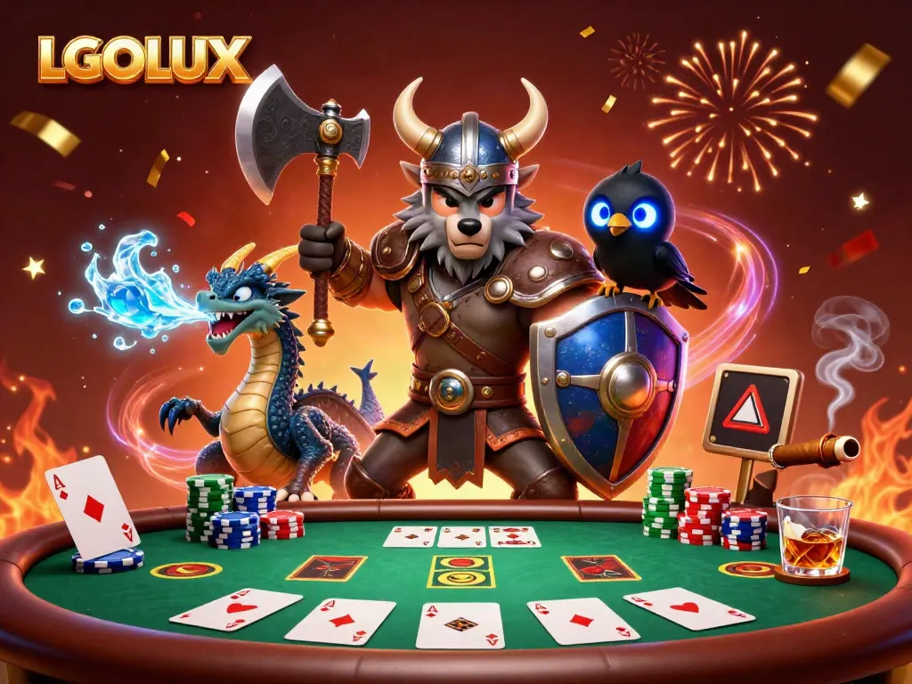 Engage with LGOLUX gaming vibe featuring a Viking wolf warrior, dragon, and vibrant poker scene.