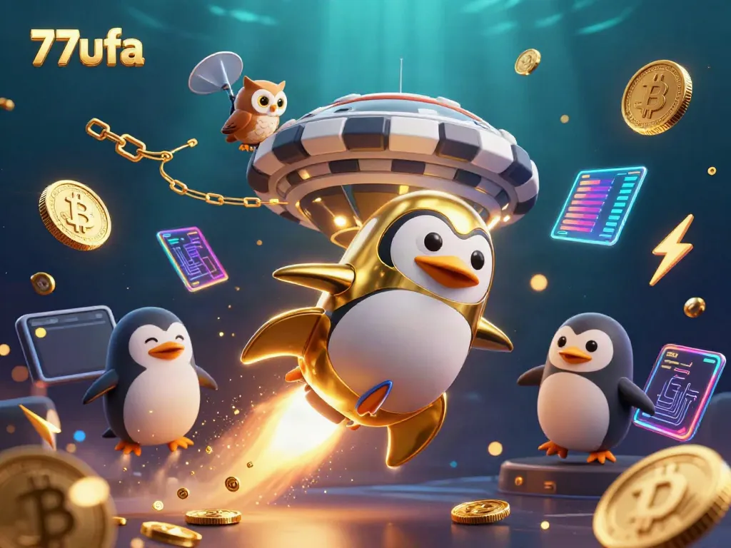 Experience thrilling gameplay with 77ufa as a golden penguin races toward a casino chip in this vibrant cosmic scene!