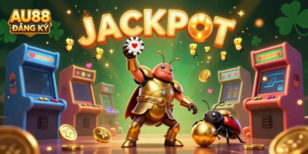 Experience the thrill of AU88 ĐĂNG KÝ as the heroic beetle celebrates victory amidst vibrant casino elements.