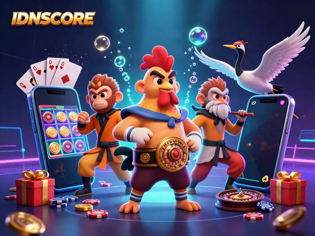 Engage in thrilling games at IDNSCORE with a dynamic scene featuring a Muay Thai rooster, Shaolin monkey, and crane master amidst slot game visuals.