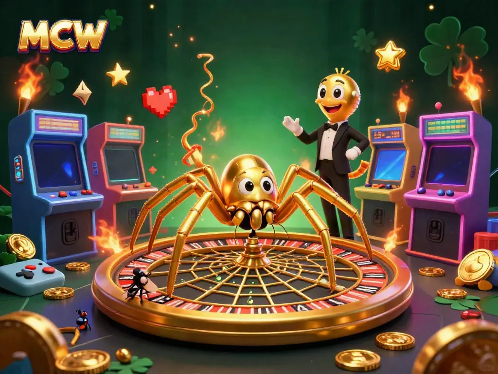MCW showcases a golden spider and centipede croupier in a vibrant gambling scene.