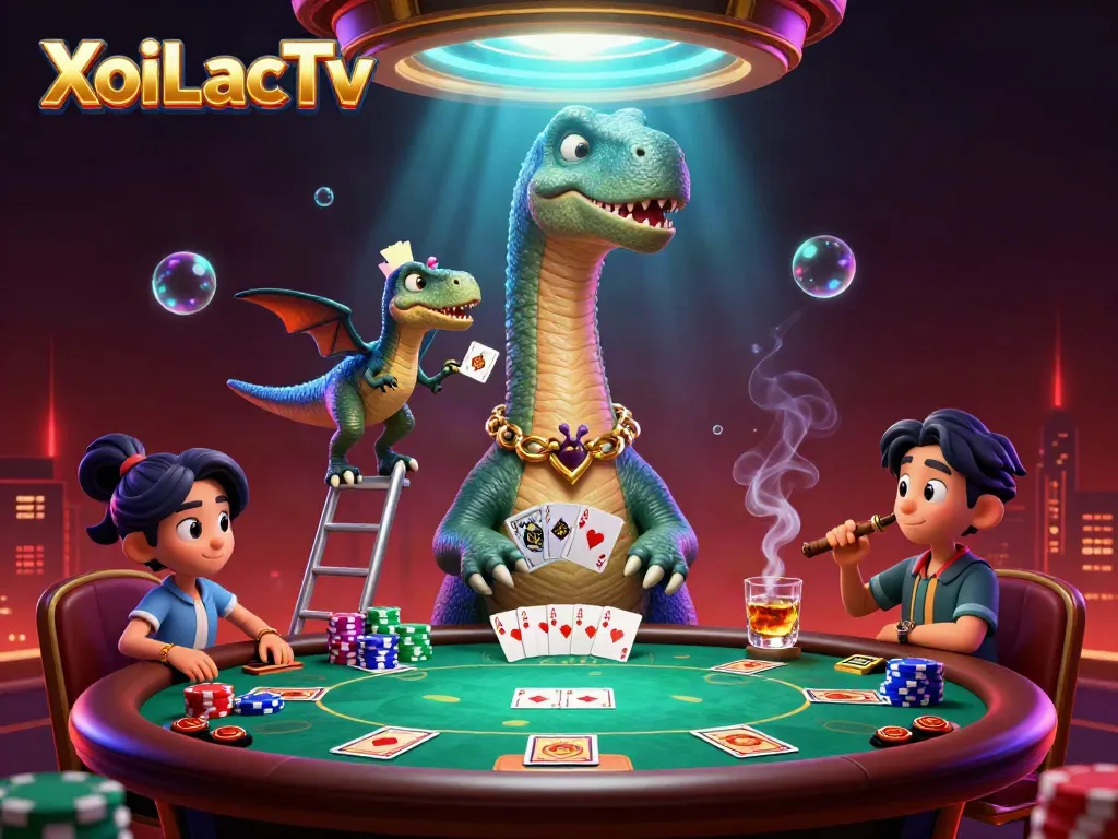 XoiLacTv showcases an epic poker scene with a giant brontosaurus overseeing a raptor dealer.
