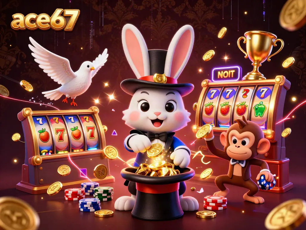 Experience ace67 with a magical scene of a rabbit, dove, and monkey among golden coins and slot symbols.