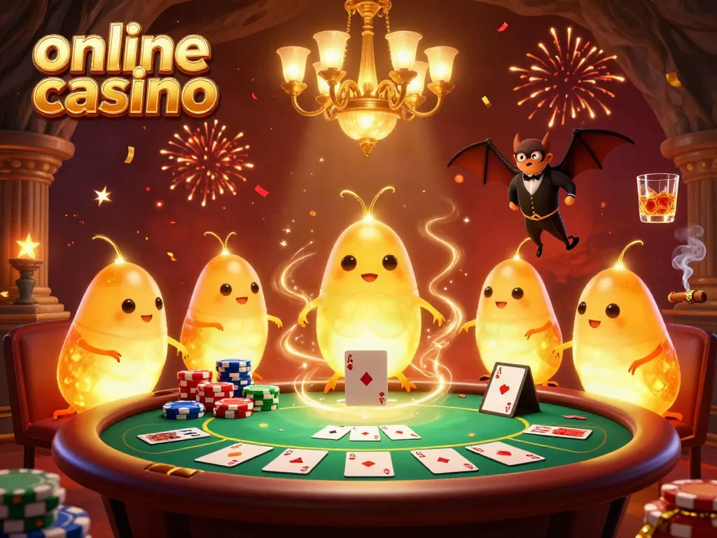 Engaging scene depicting glowworms lighting up a cave casino while entertainers deal poker at an online casino.