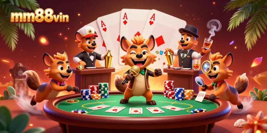 Experience the vibrant comedy casino scene featuring hyenas at mm88vin, showcasing engaging gambling action.