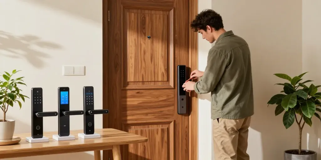 Installation of smart lock system at home entrance, featuring various قفل هوشمند models.