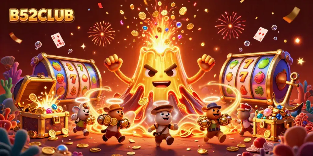 B52CLUB showcases a vibrant casino scene with a golden volcano and spinning slot reels.