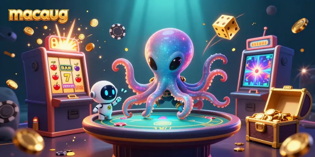 macaugg alien octopus creates excitement at a holographic poker table surrounded by casino elements