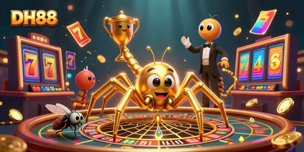 Experience thrilling moments in the DH88 casino with a golden roulette wheel and animated characters placed in action.