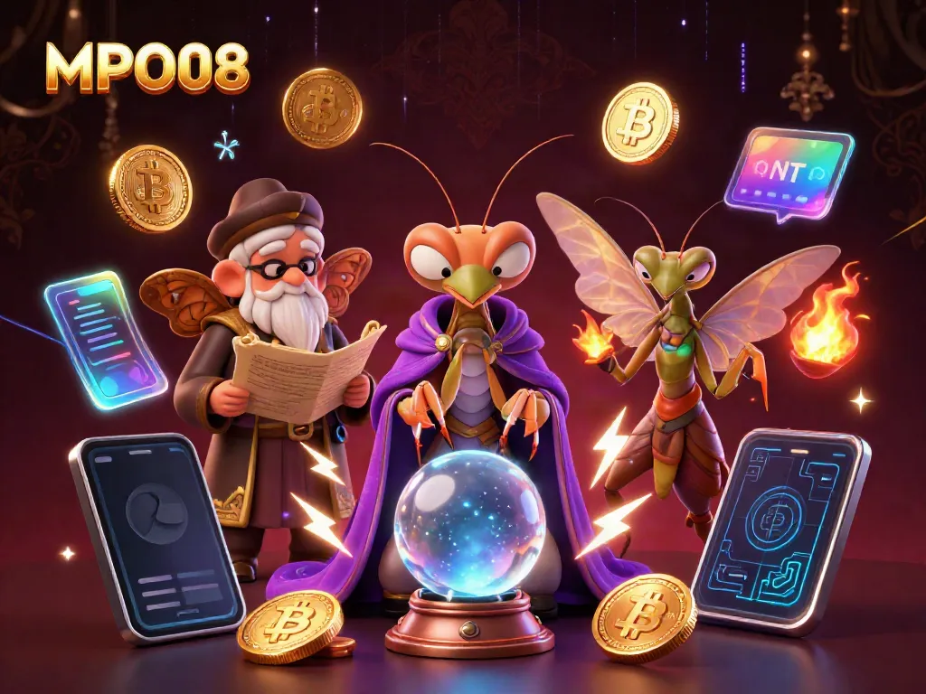 Engage with MPO08 in a vibrant casino experience enriched with crypto elements and mystical characters.
