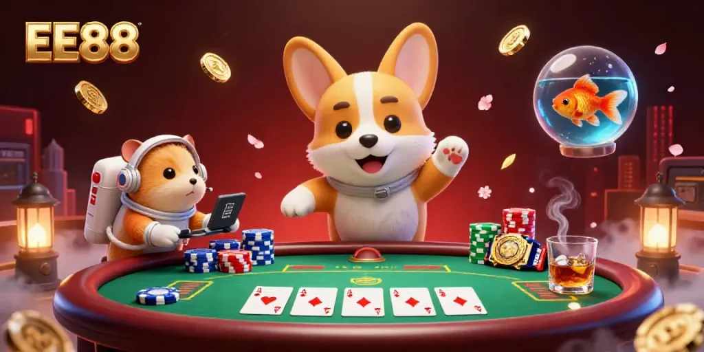 Experience EE88 at a cosmic casino with a floating corgi, poker chips, and adventure.