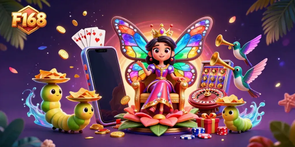 Engage with F168’s vibrant gaming world featuring a butterfly queen, chips, and dynamic casino elements.