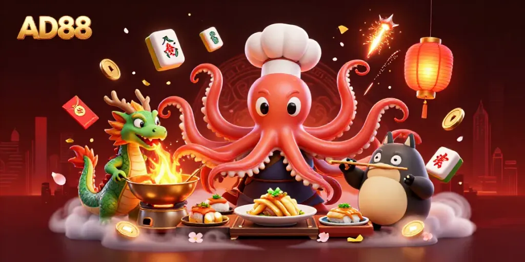 Engage with AD88's vibrant 3D casino scene featuring playful characters and dynamic gaming elements.