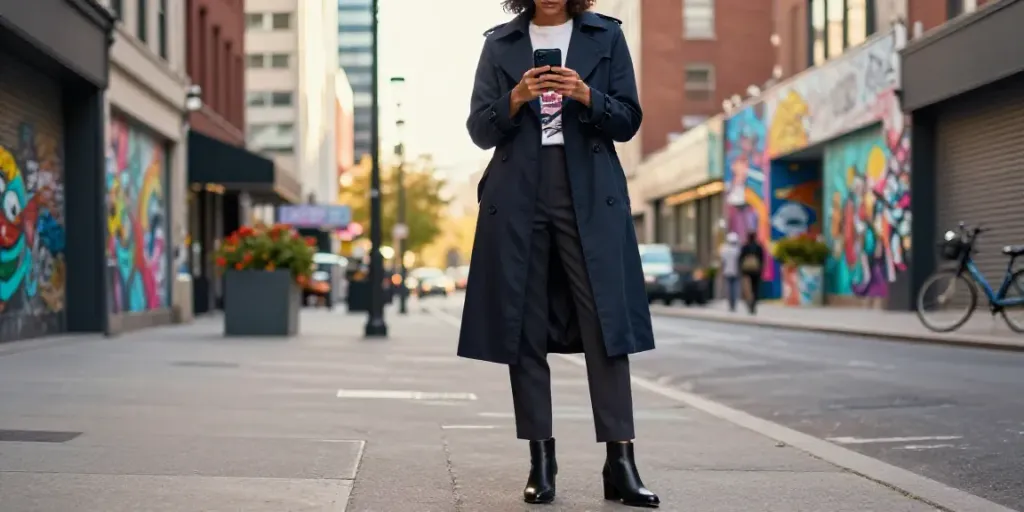 Generate fashion product descriptions with AI by showcasing stylish urban outfits in vibrant city settings.