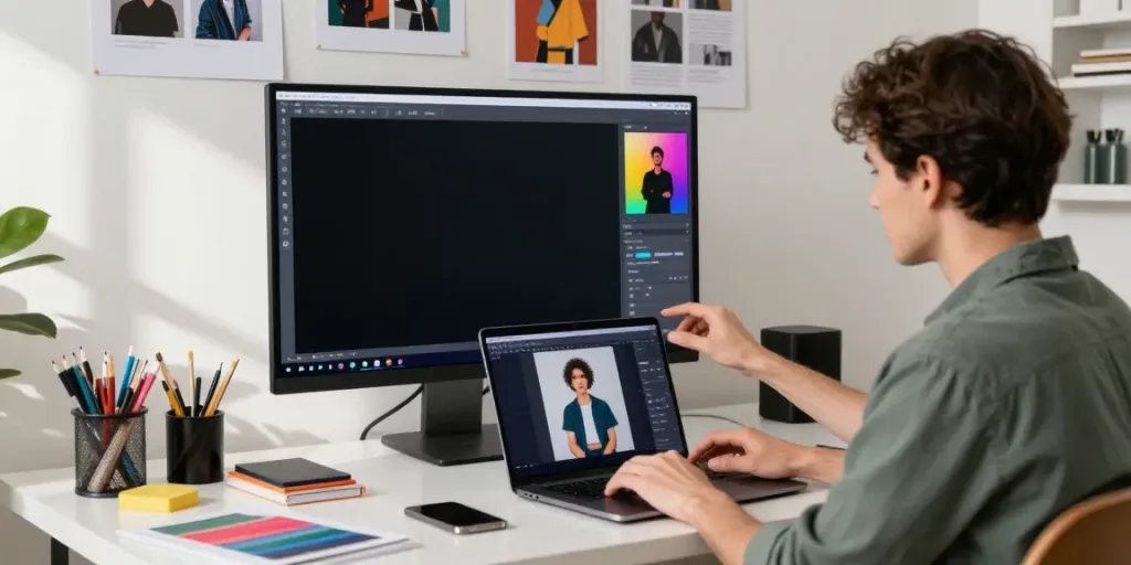 Image variation generator in action, showcasing a creative professional altering digital images at their workspace.