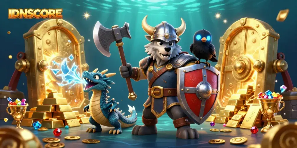 Experience IDNSCORE gambling thrill with a Viking wolf warrior, fierce dragon, and glowing raven in a treasure-filled scene.