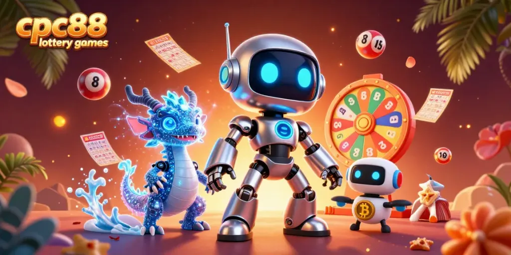 Engage with cpc88 lottery games, featuring a cyberpunk robot mascot, AI dragon, and drone assistant in a vibrant lottery scene.