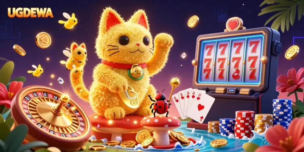 Engage with UGDEWA’s vibrant scene featuring a lucky cat formed by golden fireflies, casino symbols, and dazzling gem stones.