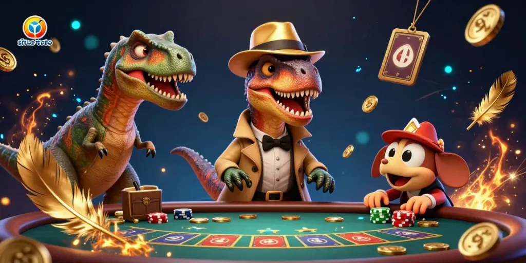 Experience situs toto with a velociraptor card counter and stegosaurus pit boss in a vibrant casino scene.