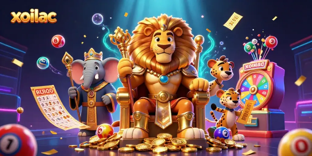 Engage with xoilac's vibrant gaming world, featuring a lion king amidst dynamic lottery elements.