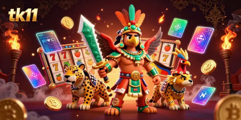 Engage in the thrilling world of tk11 with vibrant 3D characters and glowing casino elements.