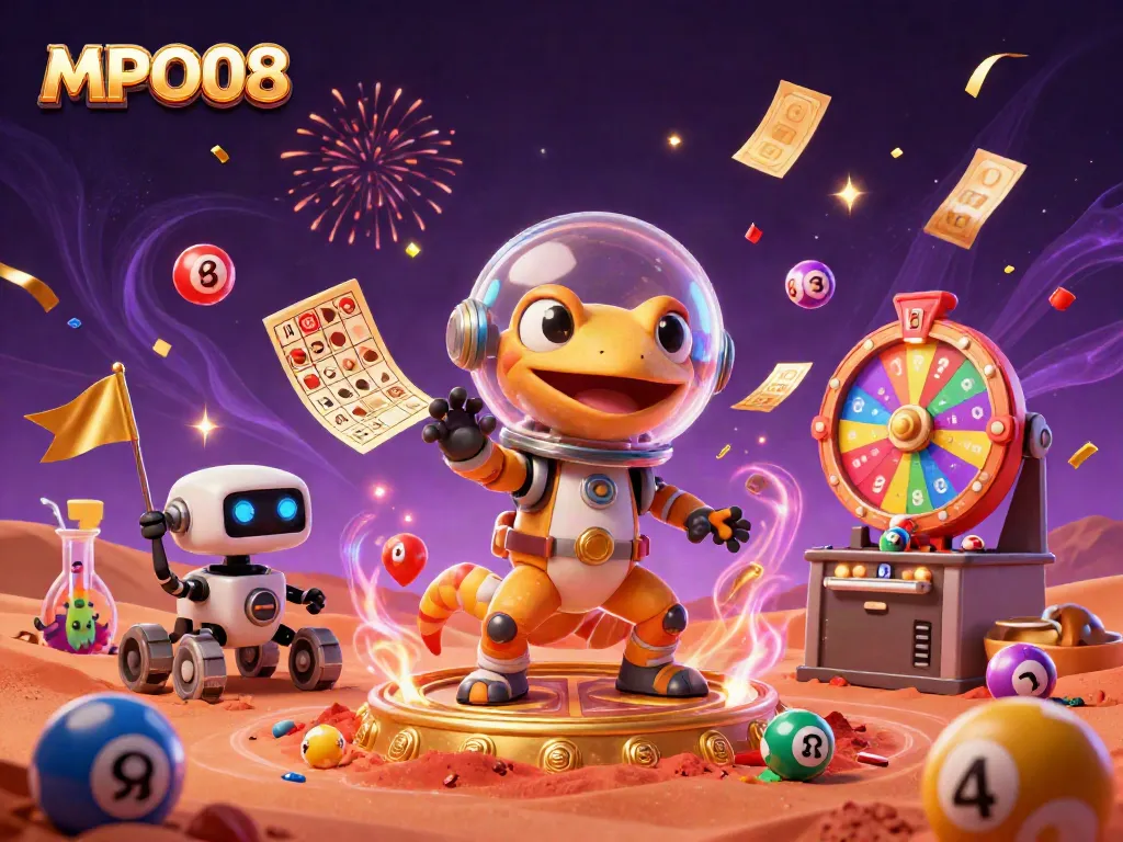 MPO08 Martian gecko and robot celebrating at a golden casino with colorful lottery balls around.