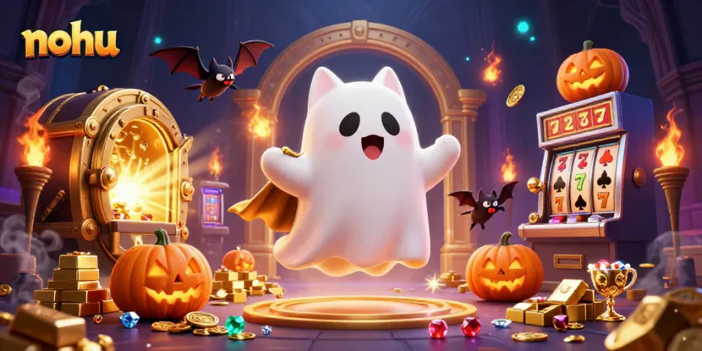 Experience nohu's vibrant casino scene with a friendly ghost cat and bat companion.