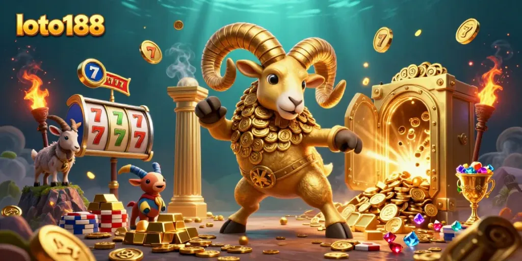 Experience exciting gambling with loto188 illustrated by a golden ram charging through riches in a vibrant casino setting.