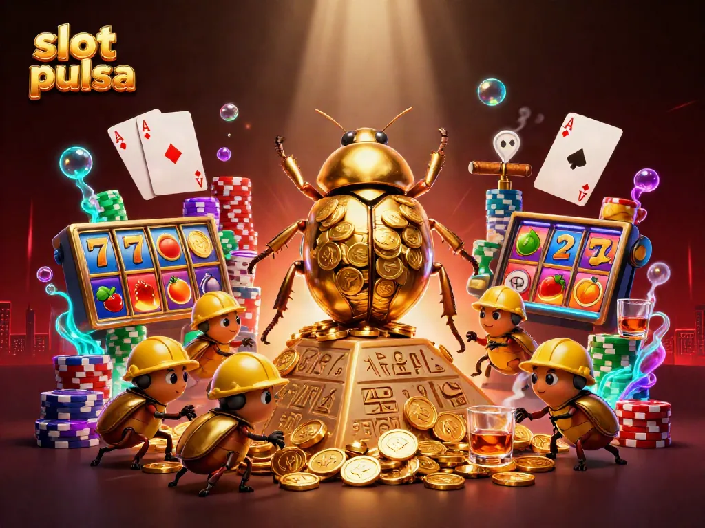 Menangkan slot pulsa dengan simbol keberuntungan dalam ilustrasi kasino 3D yang kaya.