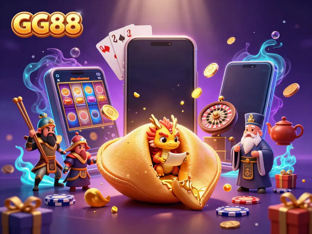Experience the magic of GG88 with vibrant gaming action featuring a dragon and fortune cookie in a lively scene.
