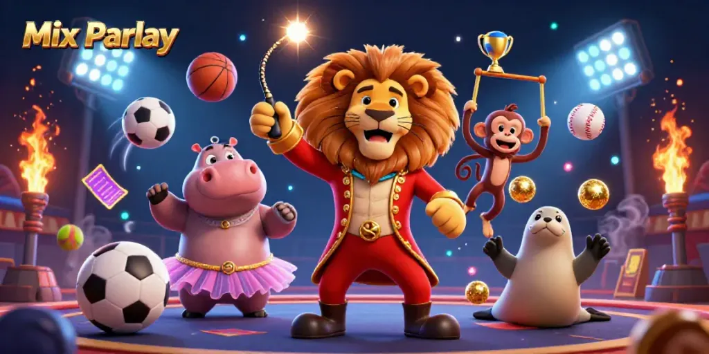 Engage in thrilling sports betting with Mix Parlay, featuring dynamic interactions between cartoon characters and sports elements.