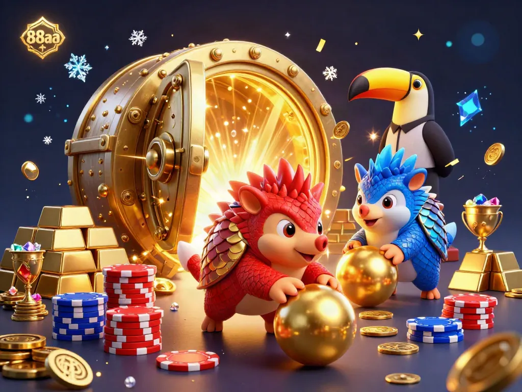 88aa pangolins compete in a dynamic golden casino scene with poker chips and jewels.