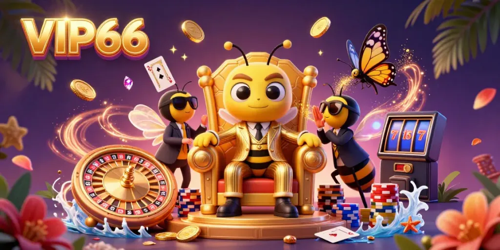 Experience the excitement of VIP66 with a vibrant, dynamic casino scene featuring a bumblebee mob boss and colorful game elements.