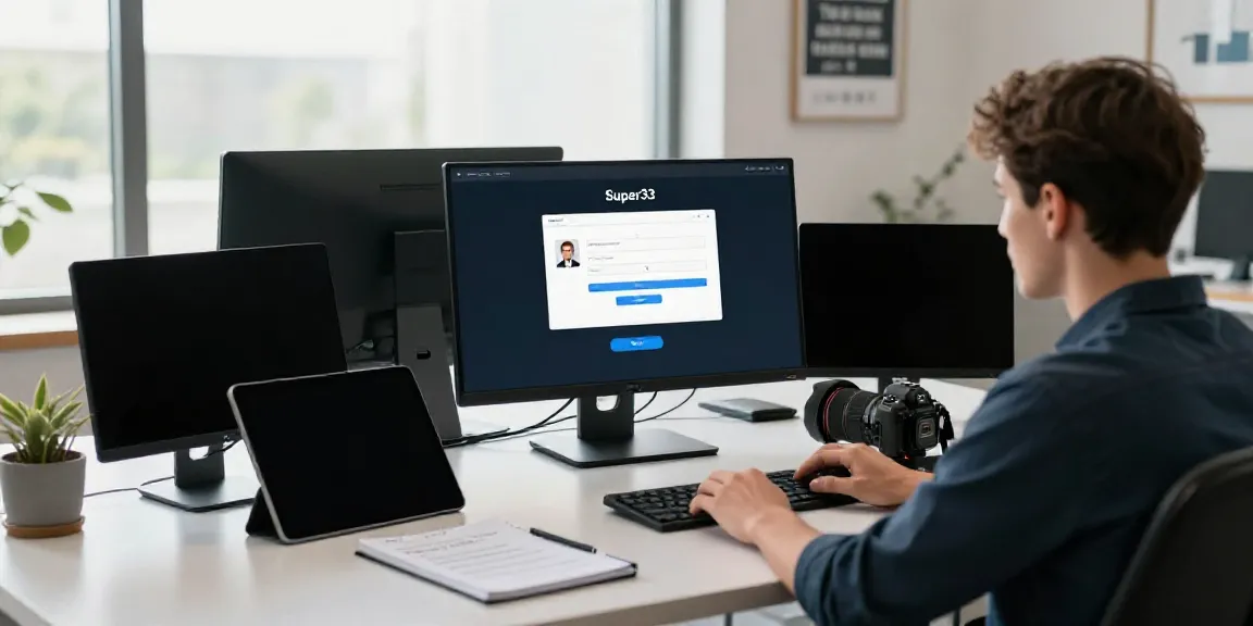 Super33 login interface on dual monitors in a professional workspace.
