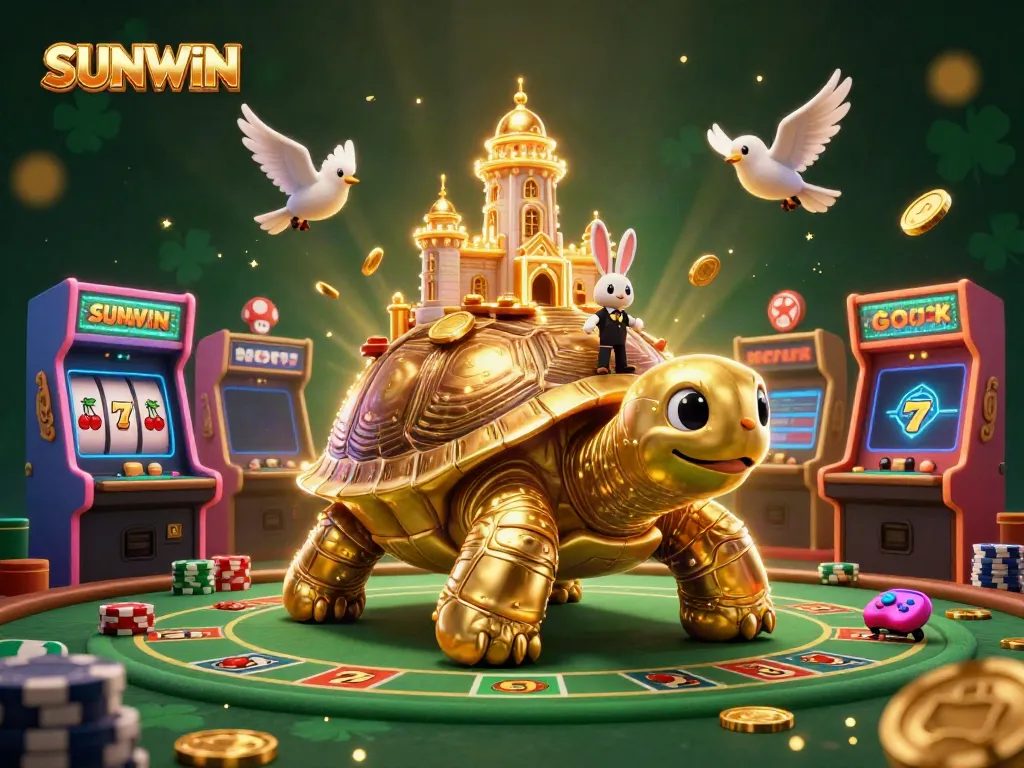 SUNWIN engages players in a vibrant casino adventure featuring a golden tortoise and lively game elements.