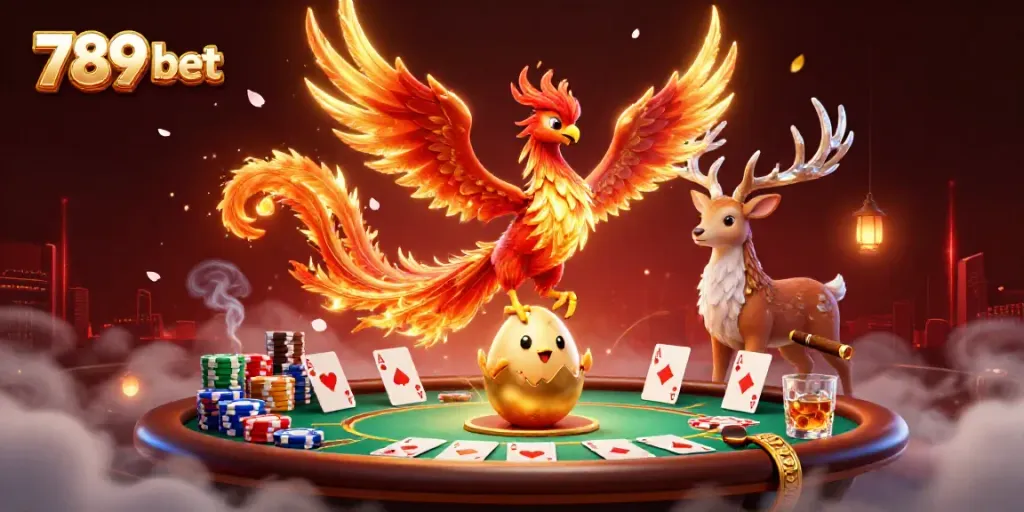 Experience thrilling gaming action at 789 bet with a dynamic scene of a soaring phoenix and poker elements.