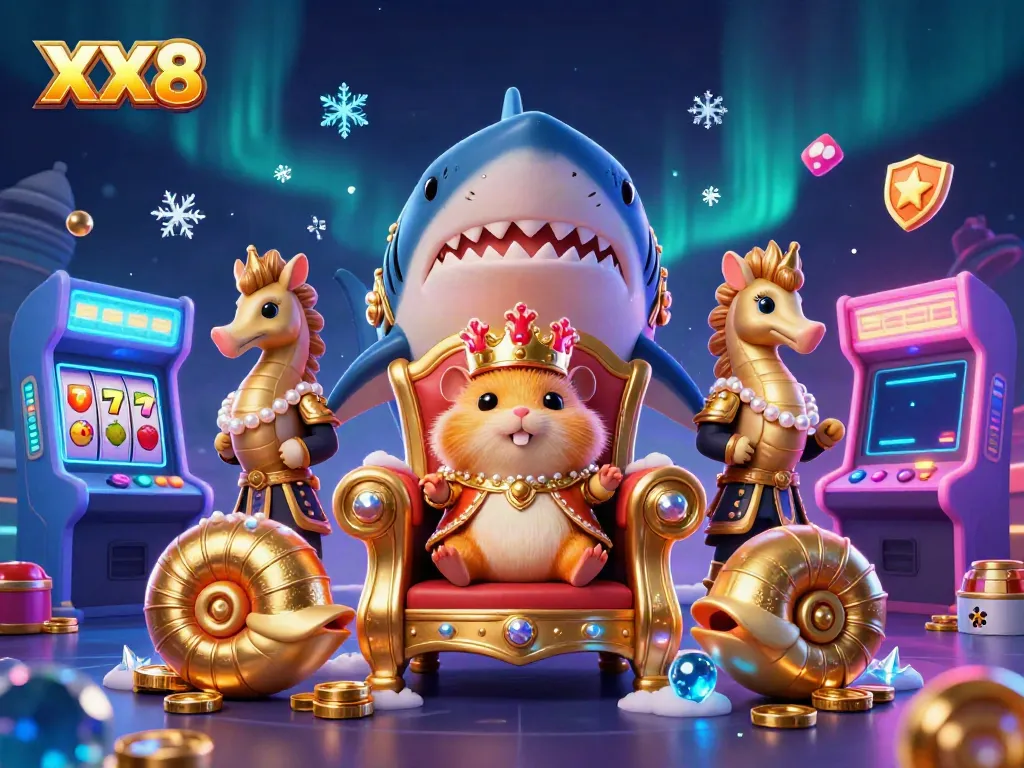 Experience thrilling gameplay with the golden hamster king and casino-themed elements in this XX8 illustration.