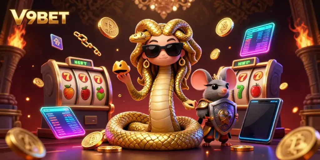 Experience thrilling slots at V9BET with captivating characters and crypto-inspired elements.
